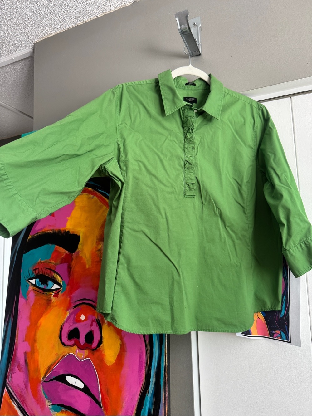 Talbots Petite XL Green Ruffled Stretch Poplin Blouse - Picture 2 of 8